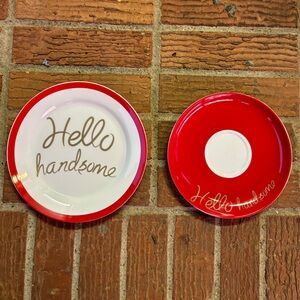 Create by Just Mugs Set of 2 Hello Handsome Red & White Salad Plate & Saucer